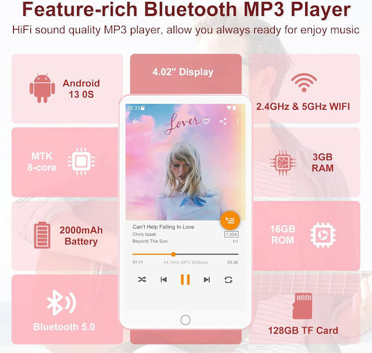 Fanvace MP3 Player (144GB) με IPS Οθόνη Αφής 4.02" Ροζ