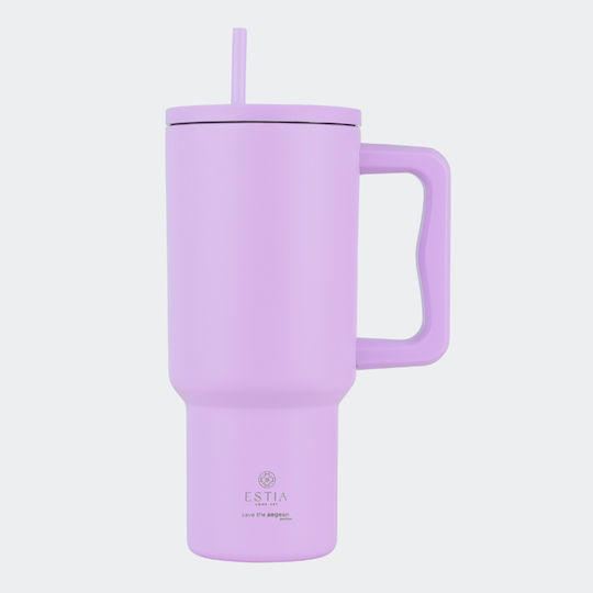 Estia Straw Tumbler XL Save the Aegean Ανακυκλώσιμο Handled Tumbler Θερμός Ανοξείδωτο BPA Free 900ml Lavender Purple με Καλαμάκι και Λαβή