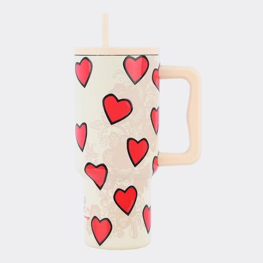 Estia Straw Tumbler XL Save the Aegean Recyclable Handled Tumbler Thermos Stainless Steel BPA Free 900ml Tender Lace with Straw and Handle