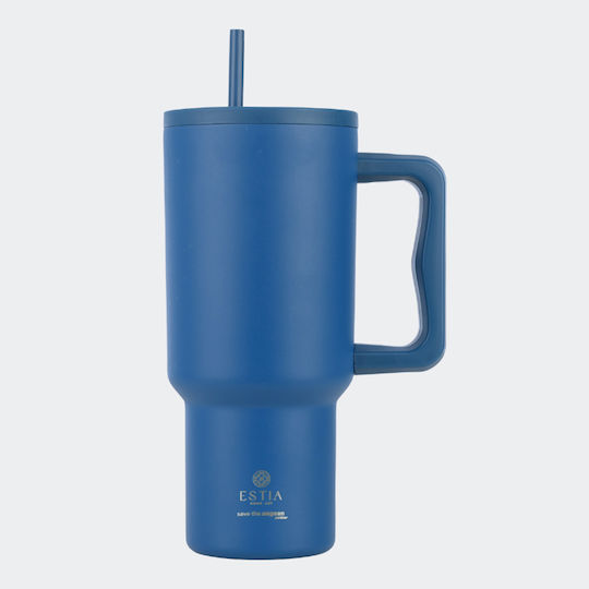 Estia Straw Tumbler XL Save the Aegean Recycelbar Becher mit Griff Thermosflasche Rostfreier Stahl BPA Frei 900ml Denim Blue mit Stroh und Handgriff