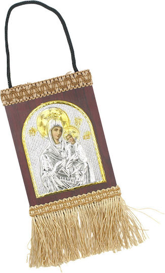 Wooden Icon Plastic Silver Frame Holy Mary Sweet-Kissing Hanging Cord 14x12cm