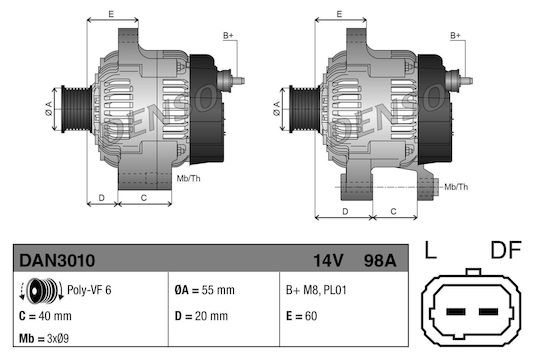 Denso Алтернатор 14v 98a Ø55mm Дачия Логан Сандеро Nissan Kubistar Рено Клио Канго Лагуна Меган