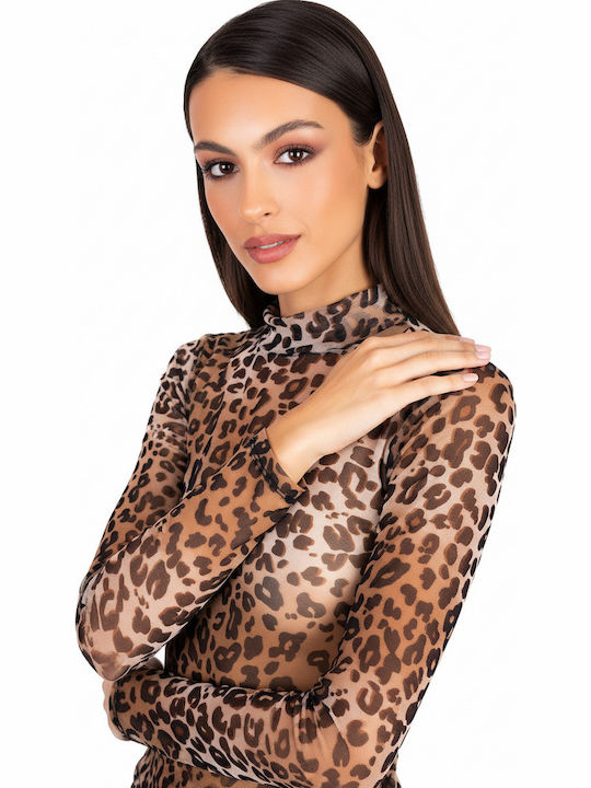 Women's Blouse Long Sleeve Turtleneck Animal Print Brown