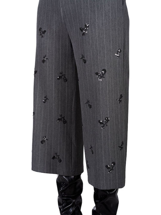 Women's High-waisted Fabric Capri Trousers Striped Gray with Sequins