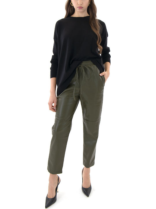 Damen Hoch tailliert Stoff Hose mit Gummizug Khaki
