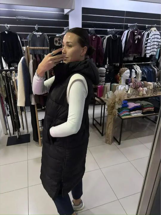 Μακρύ Γυναικείο Αμάνικο Μπουφάν για Χειμώνα Μαύρο