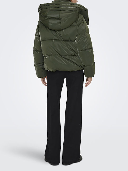 Women's Short Puffer Jacket for Winter Khaki