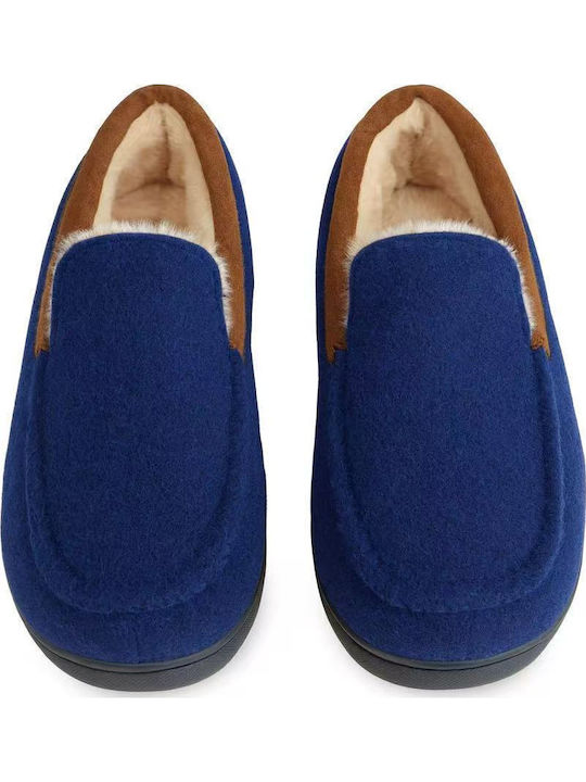 Heel Enclosed Men's Slippers with Fur Blue