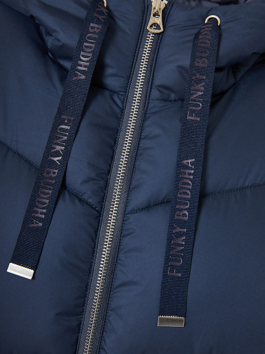 Women's Crop Puffer Jacket for Winter with Hood Navy Blue
