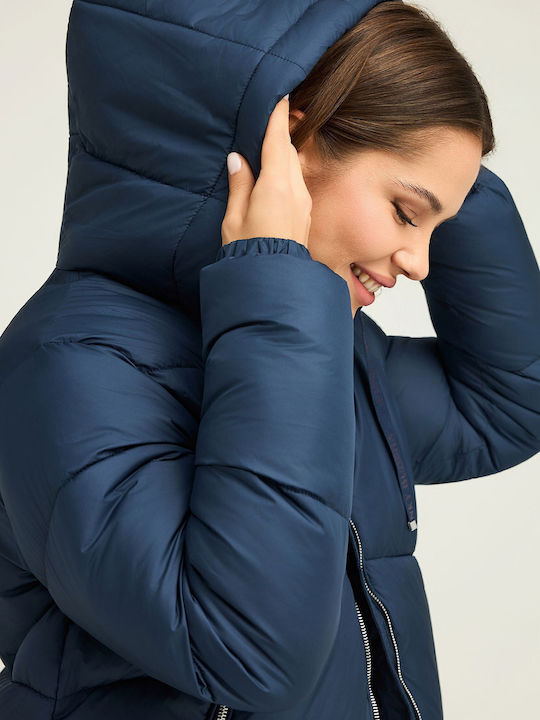 Women's Crop Puffer Jacket for Winter with Hood Navy Blue