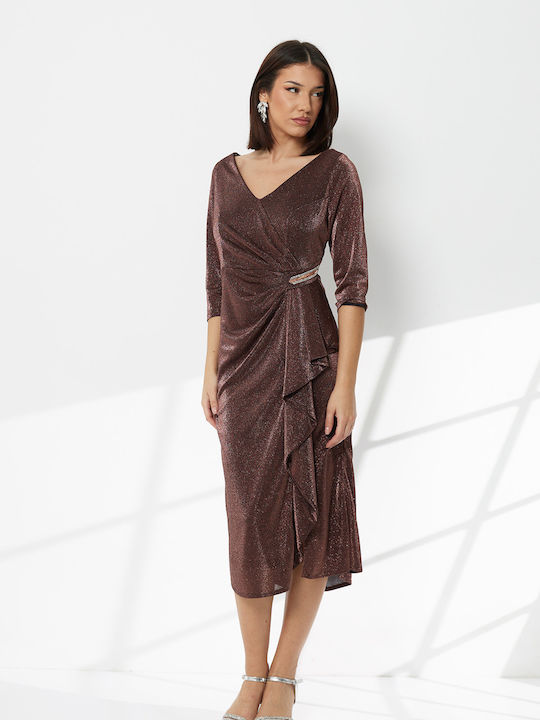 Rochie Midi de Seară Drapată Maro