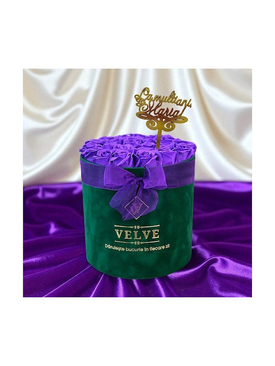 Aranjament Floral Radiance În Cutie Rotundă Verde 25 Trandafiri Săpun „La Mulți Ani Maria!” Decor Mov