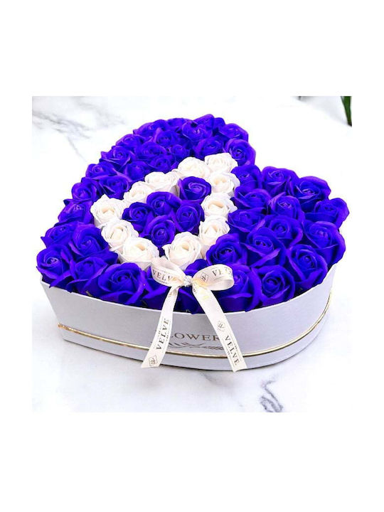 Aranjament Floral Personalizat Litera Cutie Inimă Albă 55 Trandafiri Săpun Albastru-alb