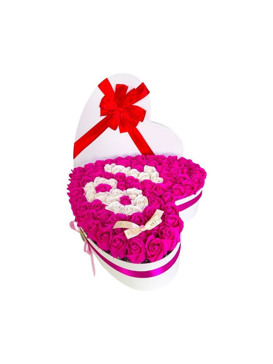 Aranjament Floral Personalizat Numărul 18 În Cutie În Formă De Inimă 85 Trandafiri Săpun Roz-alb