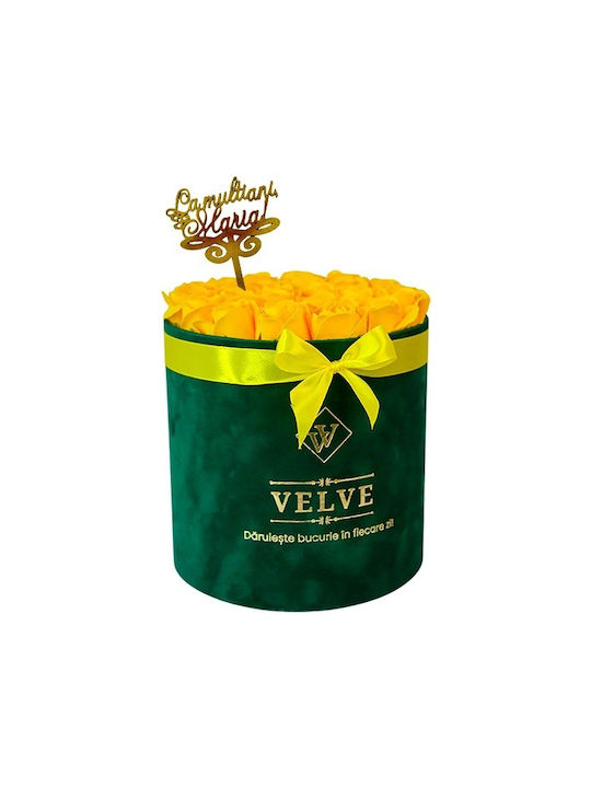 Aranjament Floral Radiance În Cutie Rotundă Verde 25 Trandafiri Săpun „La Mulți Ani Maria!” Decor Galben