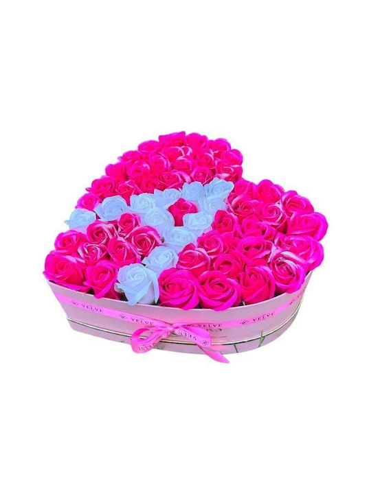 Aranjament Floral Personalizat Litere În Cutie Inimă Roz 49 Trandafiri Săpun Fucsia-Alb Cu Sclipici