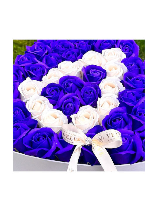 Aranjament Floral Personalizat Litera Cutie Inimă Albă 55 Trandafiri Săpun Albastru-alb