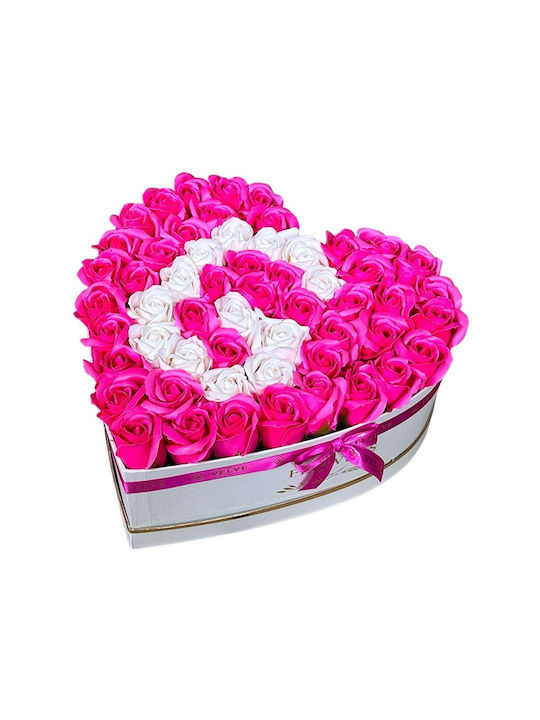 Aranjament Floral Personalizat Litera Cutie Inimă Albă 55 Trandafiri Săpun Fucsia-Albi