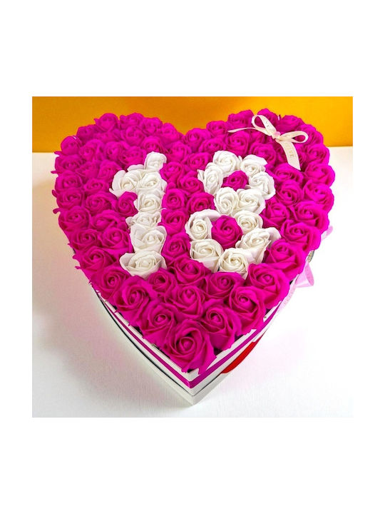 Aranjament Floral Personalizat Numărul 18 În Cutie În Formă De Inimă 101 Trandafiri Săpun Roz-alb