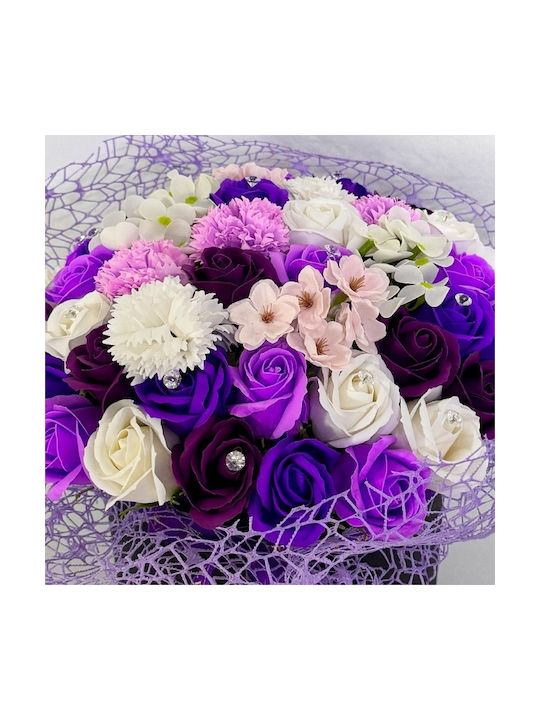 Aranjament Floral Amethyst Flori Săpun În Cutie Rotundă Neagră ⌀ 20cm Accesorizată Cu Fundiță Plasă De Sisal Mov-crem-alb