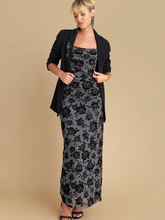 Maxi Evening Velvet Drape Dress Grey