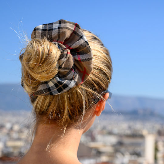 Χειροποίητο Καρό Μπεζ Scrunchie Πολυεστέρα