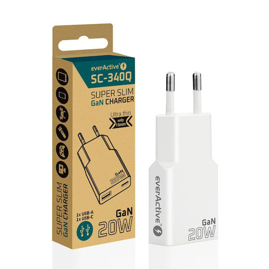 everActive Φορτιστής Χωρίς Καλώδιο GaN με Θύρα USB-A και Θύρα USB-C και Καλώδιο USB-C 20W Power Delivery / Quick Charge 3.0 Λευκός (SC-340Q)