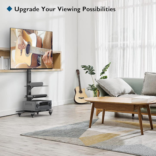 Bontec Suport TV cu Rotile 30-70 Inch pentru Ecrane Plasma LCD LED până la 40 kg 6 Ajustări de Înălțime Rafturi din Sticlă Temperată pe 3 Niveluri Max VESA 600 x 400 mm