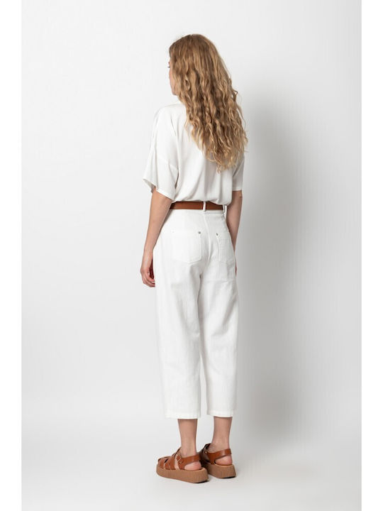 Women's Fabric Capri Trousers Baggy Line White