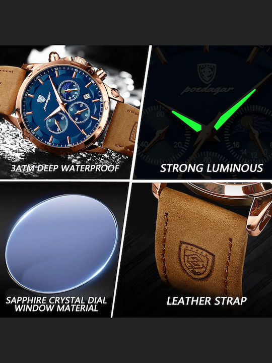 Poedagar Herrenuhr 42mm Batterie mit Braun Lederarmband