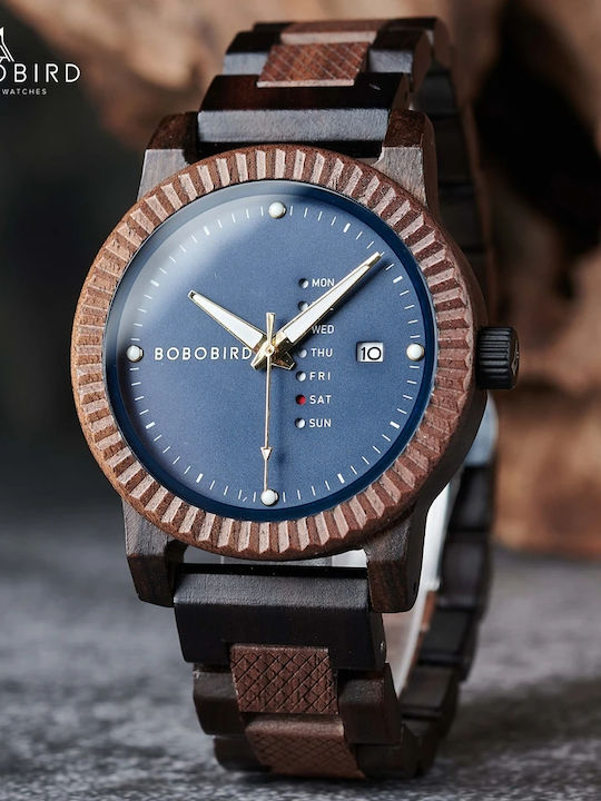 Bobo Bird Ceas Bărbați 43mm Baterie cu Brățară Din Lemn Maro