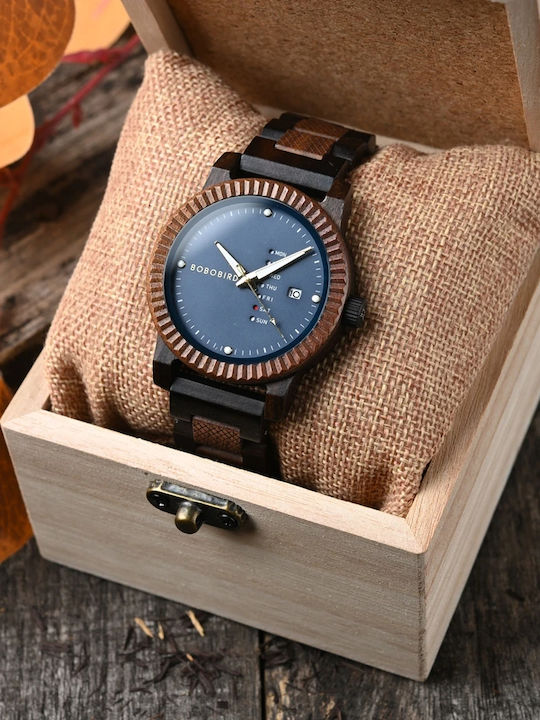 Bobo Bird Ceas Bărbați 43mm Baterie cu Brățară Din Lemn Maro