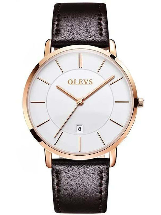 Olevs Ανδρικό Ρολόι 40mm Χρονογράφος Μπαταρίας με Καφέ Δερμάτινο Λουράκι