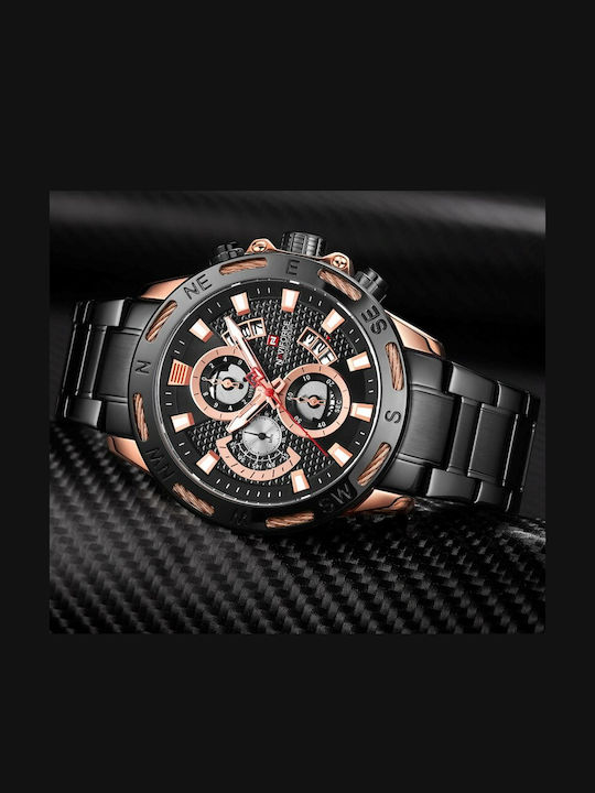Naviforce Ceas Bărbați 24mm Cronograf Baterie Cu Brățară Din Metal Neagră