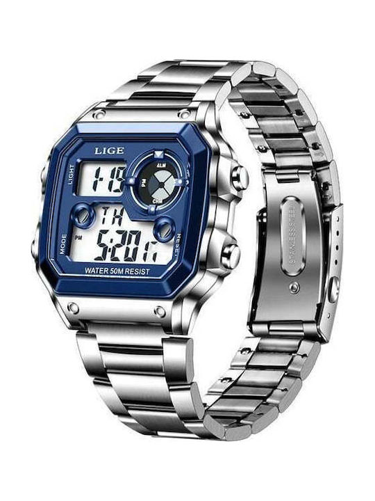 Lige Ceas Digital Pentru Bărbați 23mm Cronograf Cu Baterie Și Brățară Din Metal Argintie
