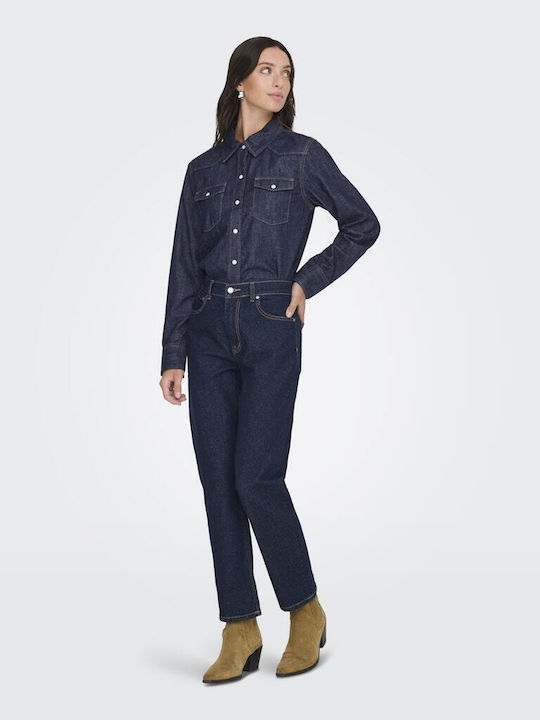 Women's Denim Long Sleeve Shirt Dark Blue - Blue