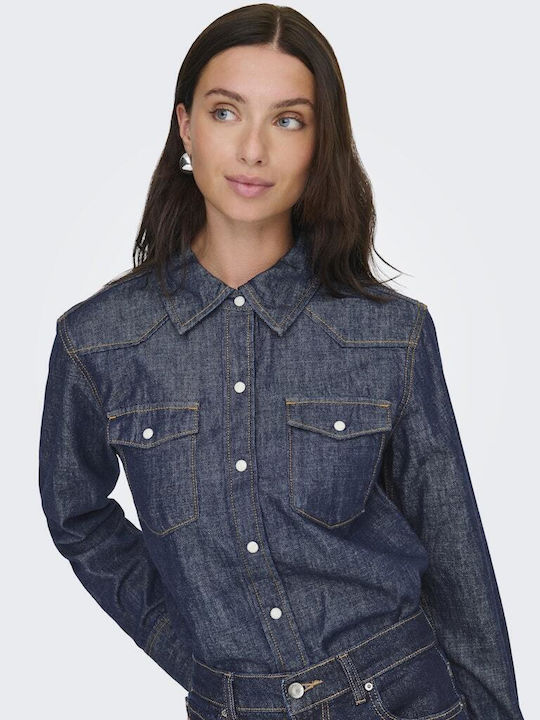 Women's Denim Long Sleeve Shirt Dark Blue - Blue
