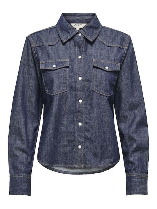 Women's Denim Long Sleeve Shirt Dark Blue - Blue