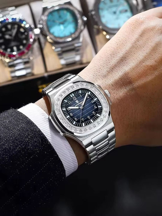 Poedagar Ceas Bărbați 40mm Baterie Cu Brățară Din Metal Argintie
