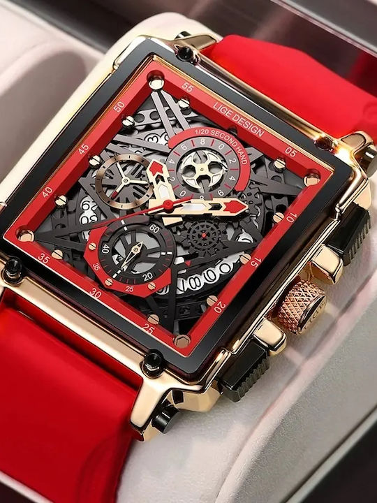 Lige Men's Watch 40mm Battery with Red Rubber Strap