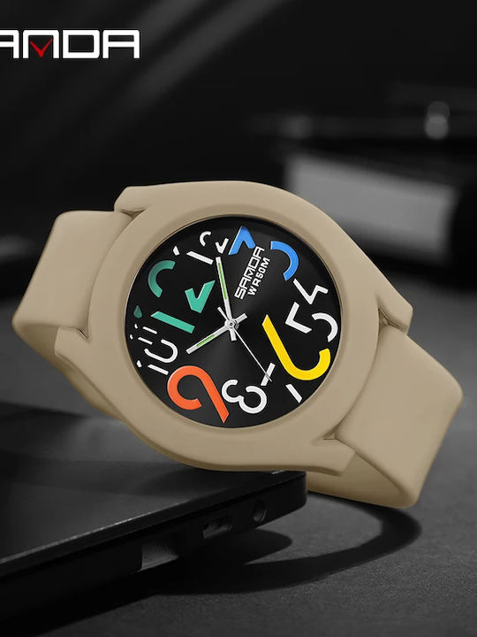 Sanda Ceas Digital De Bărbați 49mm Cronograf Cu Baterie Cu Curea Din Cauciuc Bej