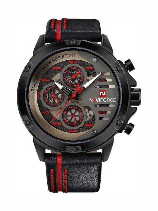 Naviforce Ceas Bărbați 48mm Cronograf Baterie Cu Curea Din Piele Neagră