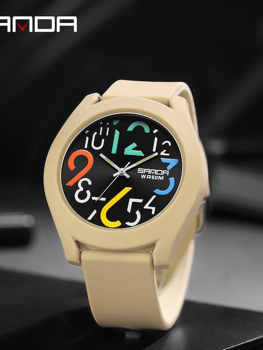 Sanda Ceas Digital De Bărbați 49mm Cronograf Cu Baterie Cu Curea Din Cauciuc Bej