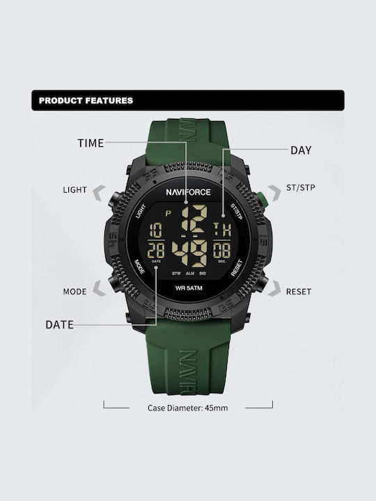 Naviforce Ceas Digital Pentru Bărbați 20mm Cronograf Cu Baterie Și Brățară Din Metal Verde