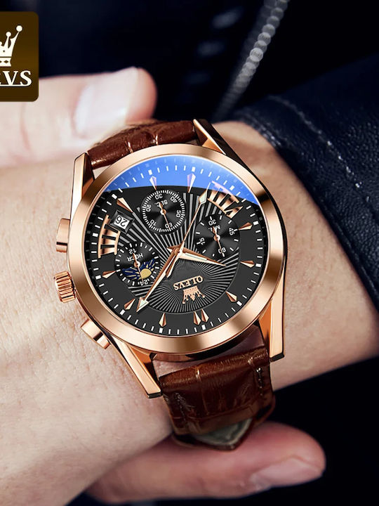 Olevs Herrenuhr 40mm Chronograph Batterie mit Braun Lederarmband