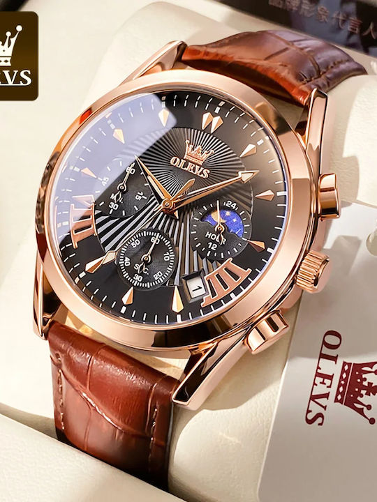 Olevs Herrenuhr 40mm Chronograph Batterie mit Braun Lederarmband