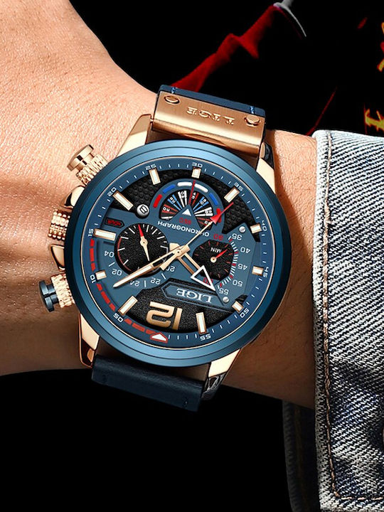 Lige Herrenuhr Chronograph Batterie mit Blau Lederarmband