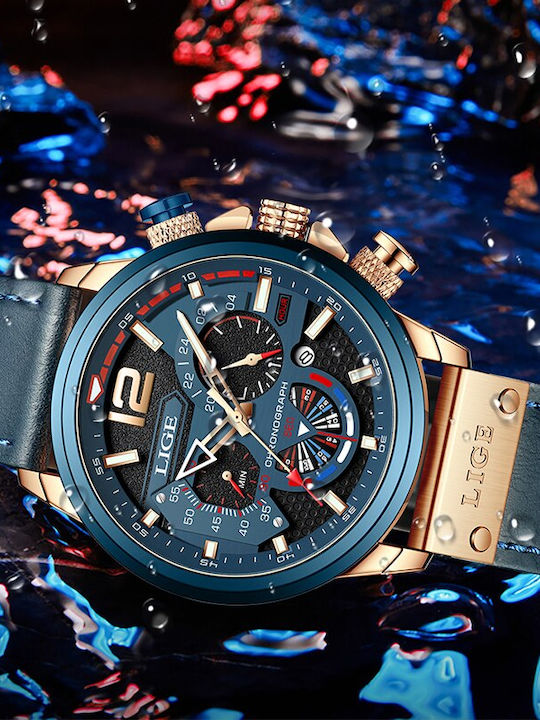 Lige Herrenuhr Chronograph Batterie mit Blau Lederarmband