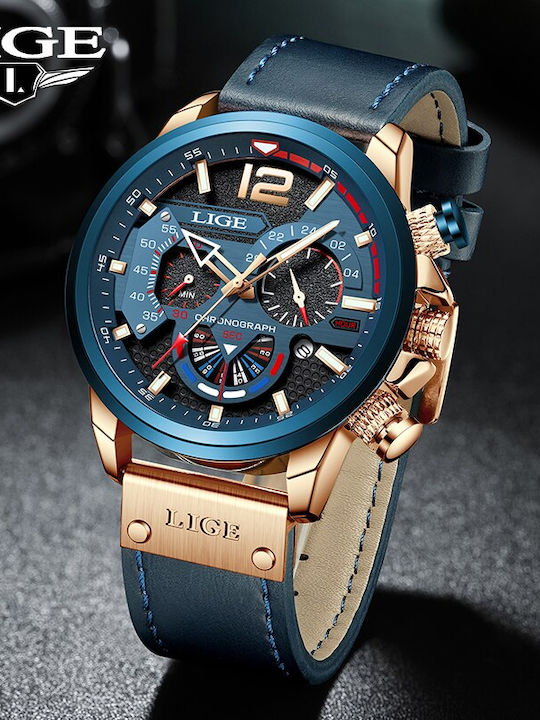 Lige Herrenuhr Chronograph Batterie mit Blau Lederarmband