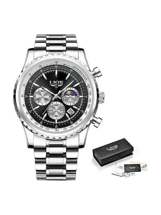 Lige Ceas Bărbați 46mm Cronograf Baterie Cu Brățară Din Oțel Inoxidabil Neagră
